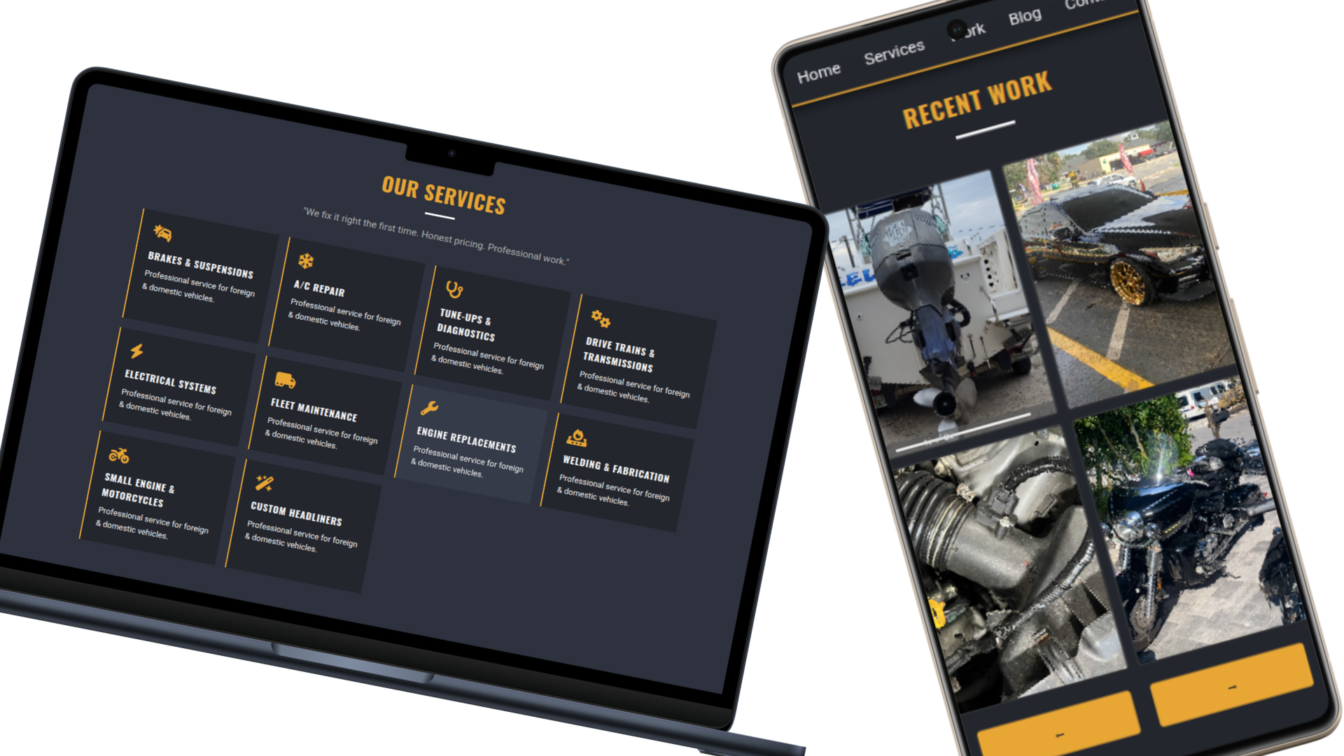 AJ Automotive Services' Services and Gallery section on Mobile and Laptop