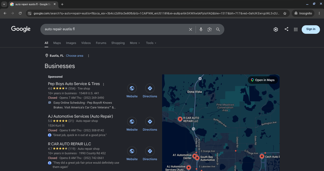 AJ Automotive Services ranking in Google Map Pack for auto repair Eustis FL