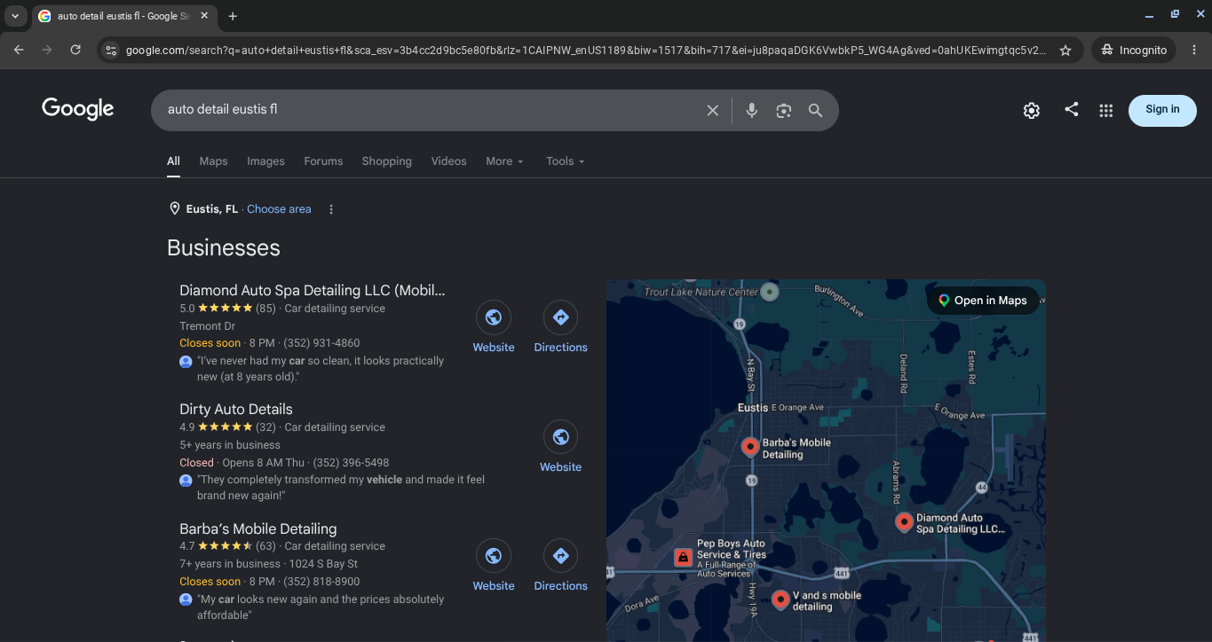 Diamond Auto Spa ranking #1 in Google Map Pack for auto detail Eustis FL