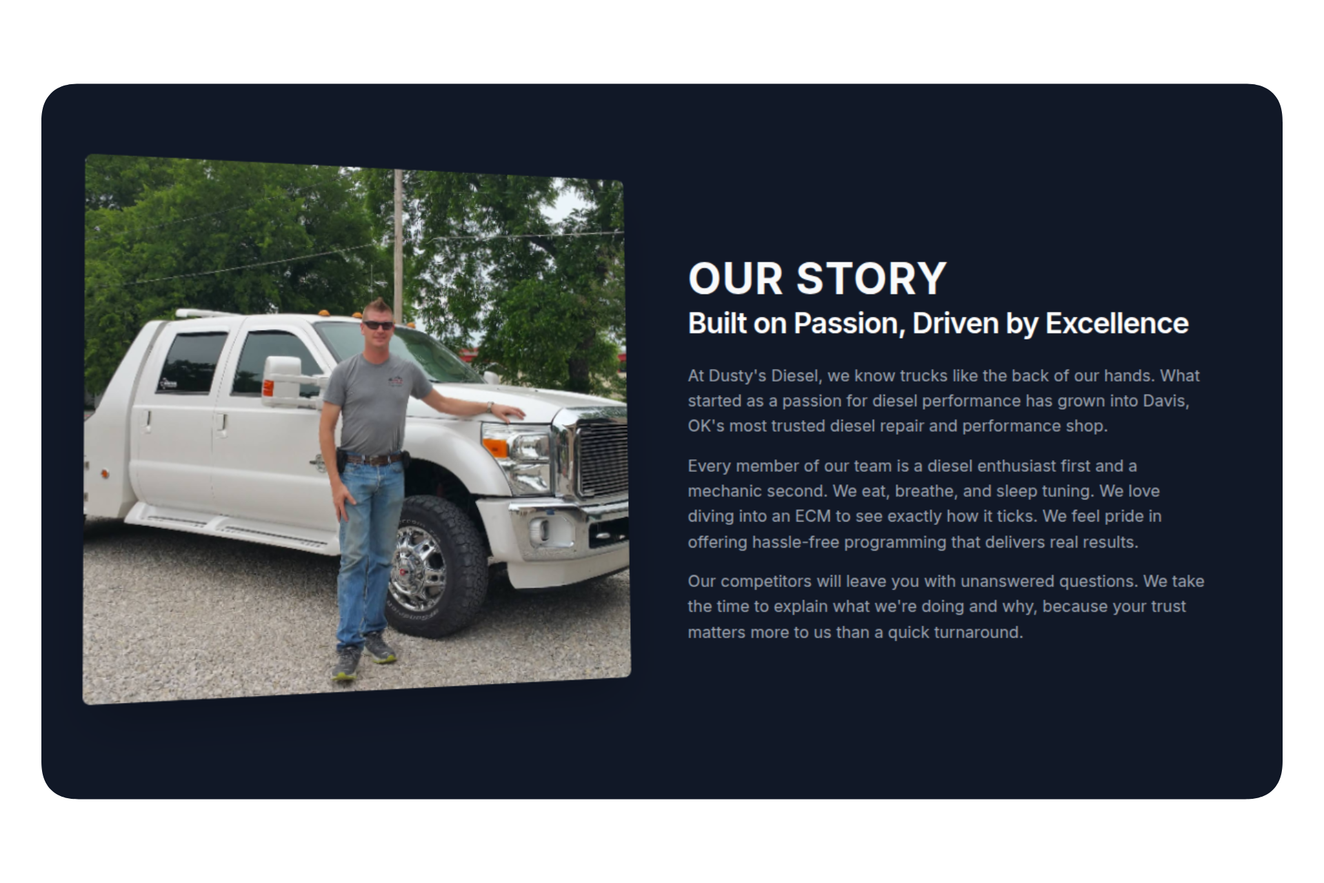 Dustys Diesel's About Tuning Page on Laptop, Showing a Picture Of The Owner And His Motivation