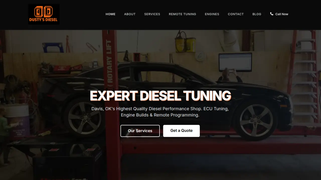 Multi-page diesel performance website featuring custom blog integration, remote tuning services, and comprehensive service pages showcasing ECU tuning and diesel repair expertise for Dusty's Diesel in Davis, OK
