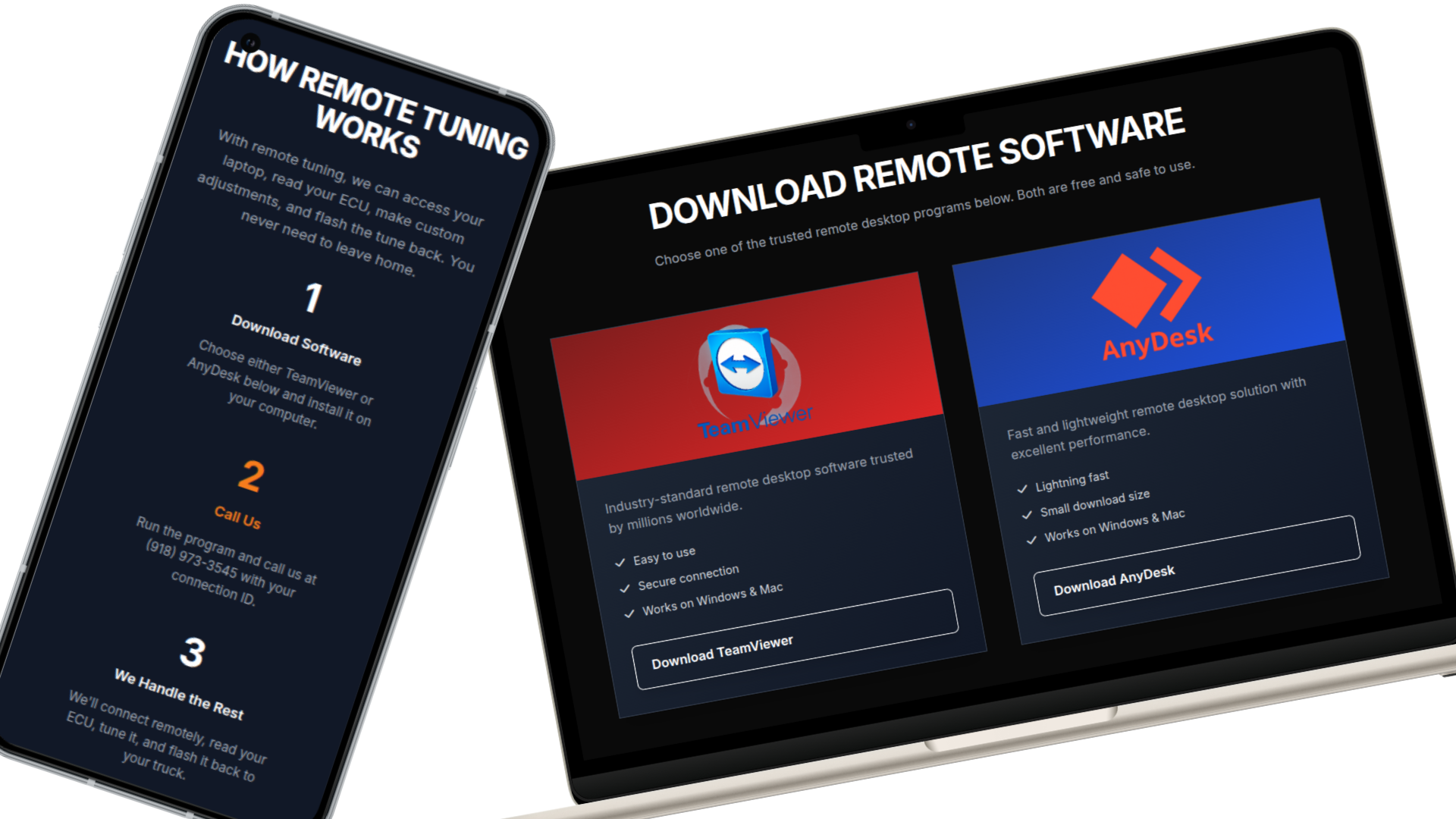 Dustys Diesel's Remote Tuning Page on both Mobile and Laptop